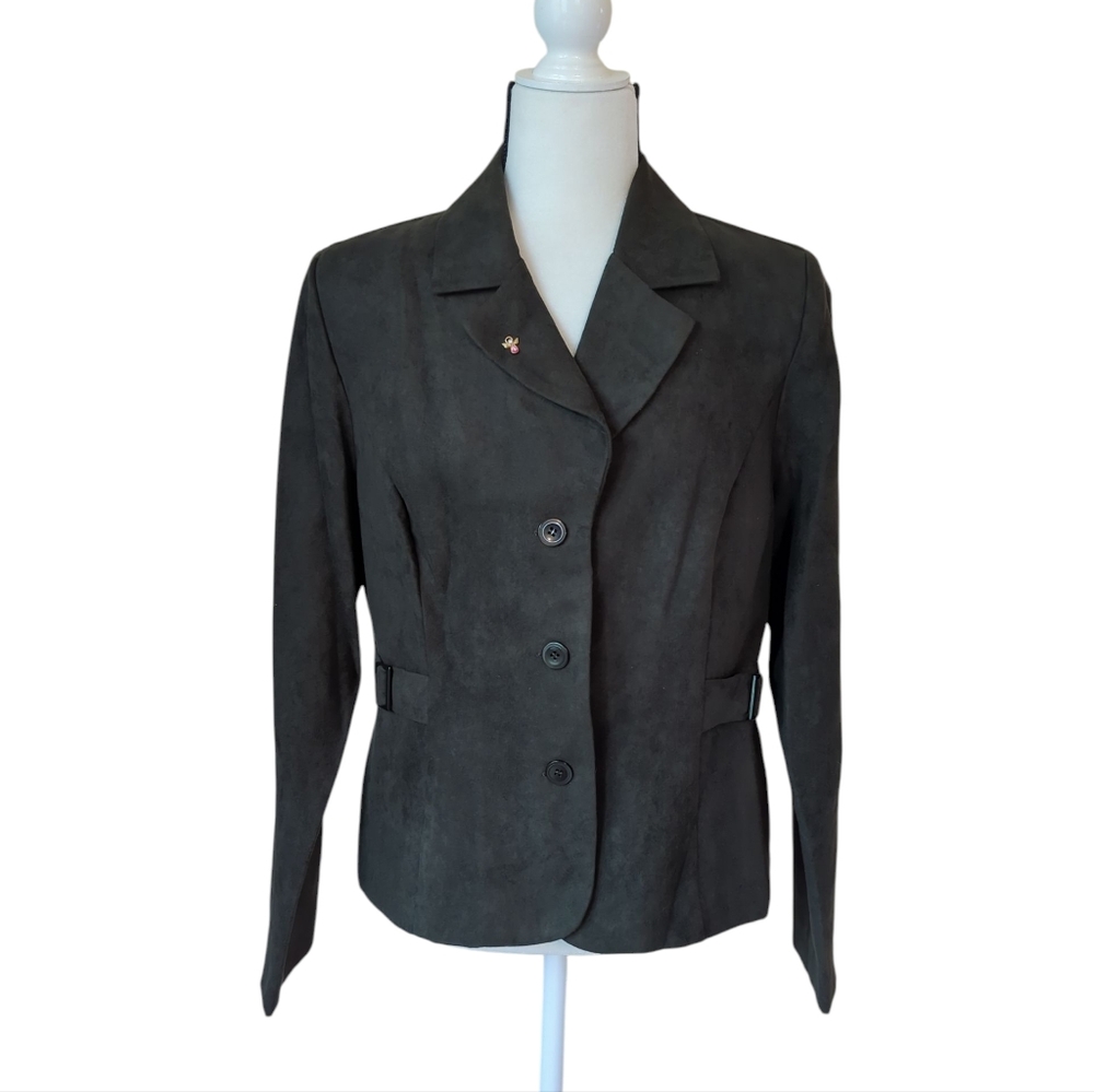 Studio I Faux Suede Buckle Button Up Blazer 12 Green